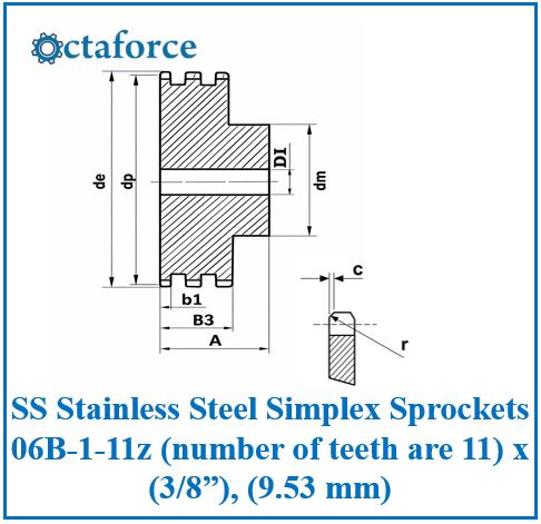 SS Stainless Steel Simplex Sprockets 06B-1-11z (number of teeth are 11) x (3/8”), (9.53 mm)