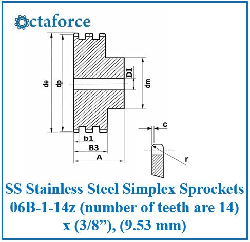 SS Stainless Steel Simplex Sprockets 06B-1-14z (number of teeth are 14) x (3/8”), (9.53 mm)