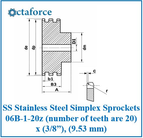 SS Stainless Steel Simplex Sprockets 06B-1-20z (number of teeth are 20) x (3/8”), (9.53 mm)