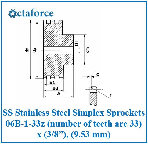 SS Stainless Steel Simplex Sprockets 06B-1-33z (number of teeth are 33) x (3/8”), (9.53 mm)