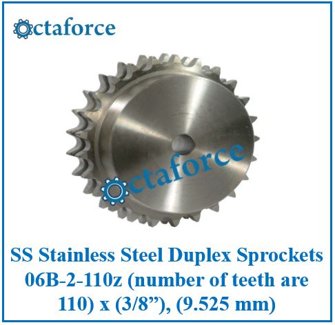 SS Stainless Steel Duplex Sprockets 06B-2-110z (number of teeth are 110) x (3/8”), (9.525 mm)