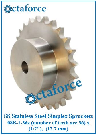SS Stainless Steel Simplex Sprockets 08B-1-36z (number of teeth are 36) x (1/2"), (12.7 mm)