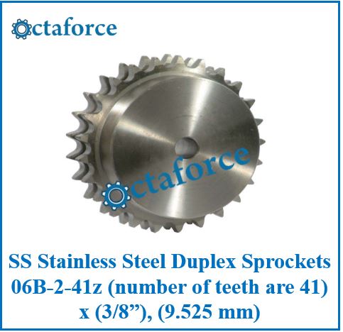 SS Stainless Steel Duplex Sprockets 06B-2-41z (number of teeth are 41) x (3/8”), (9.525 mm)