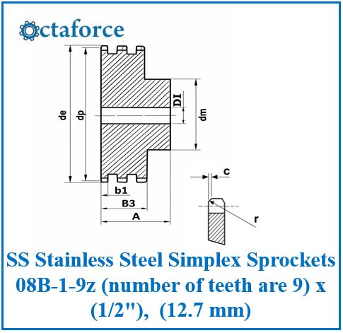 SS Stainless Steel Simplex Sprockets 08B-1-9z (number of teeth are 9) x (1/2"), (12.7 mm)