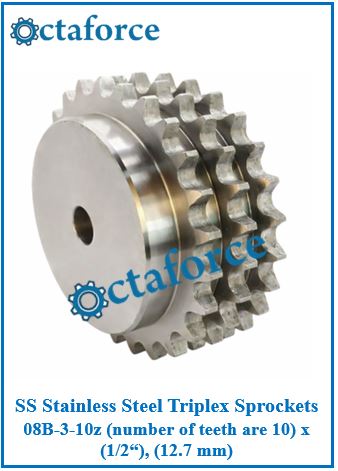 SS Stainless Steel Triplex Sprockets 08B-3-10z (number of teeth are 10) x (1/2“), (12.7 mm)