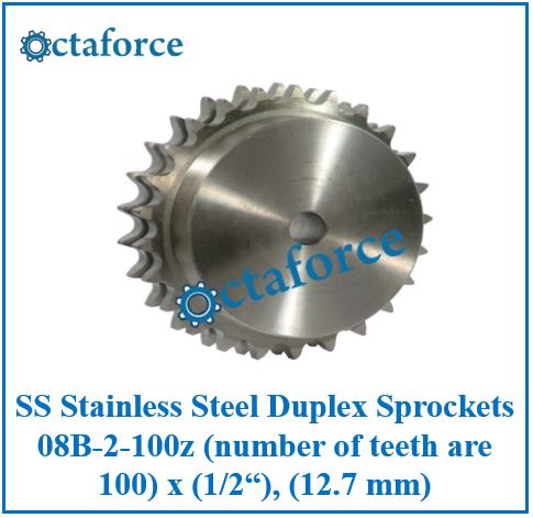 SS Stainless Steel Duplex Sprockets 08B-2-100z (number of teeth are 100) x (1/2“), (12.7 mm)