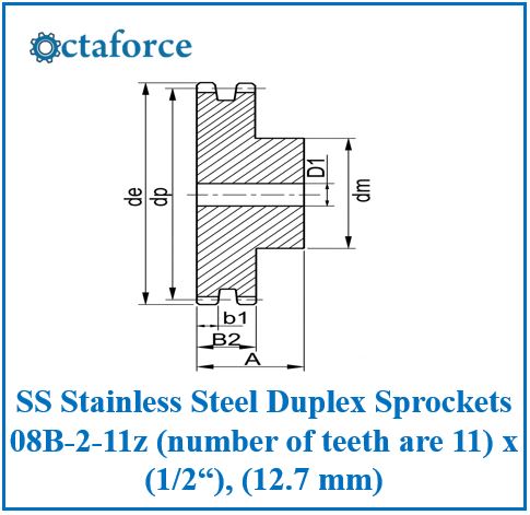 SS Stainless Steel Duplex Sprockets 08B-2-11z (number of teeth are 11) x (1/2“), (12.7 mm)