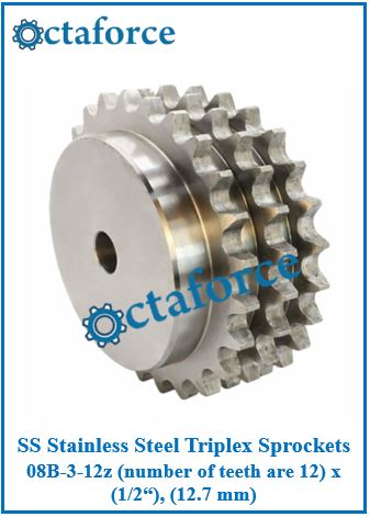 SS Stainless Steel Triplex Sprockets 08B-3-12z (number of teeth are 12) x (1/2“), (12.7 mm)