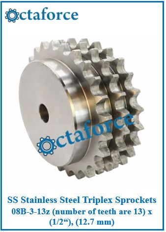 SS Stainless Steel Triplex Sprockets 08B-3-13z (number of teeth are 13) x (1/2“), (12.7 mm)