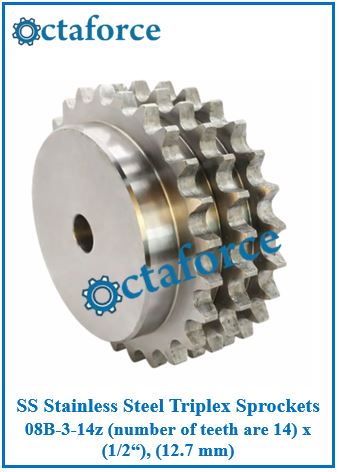SS Stainless Steel Triplex Sprockets 08B-3-14z (number of teeth are 14) x (1/2“), (12.7 mm)