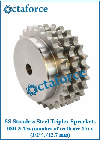 SS Stainless Steel Triplex Sprockets 08B-3-15z (number of teeth are 15) x (1/2“), (12.7 mm)