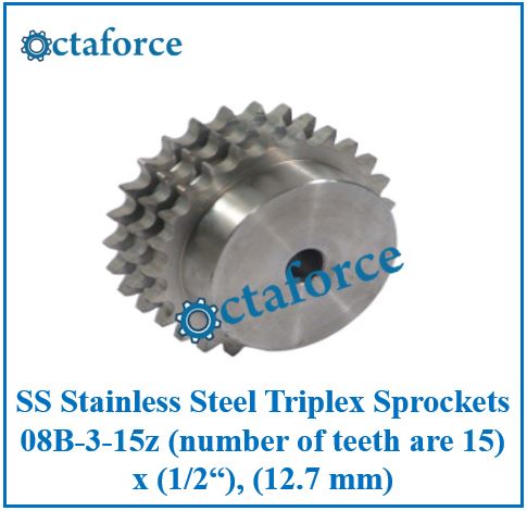 SS Stainless Steel Triplex Sprockets 08B-3-15z (number of teeth are 15) x (1/2“), (12.7 mm)