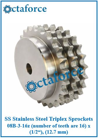 SS Stainless Steel Triplex Sprockets 08B-3-16z (number of teeth are 16) x (1/2“), (12.7 mm)