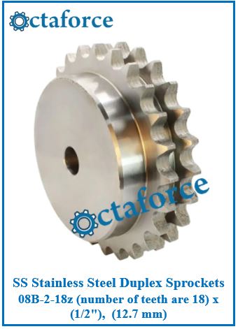 SS Stainless Steel Duplex Sprockets 08B-2-18z (number of teeth are 18) x (1/2"), (12.7 mm)