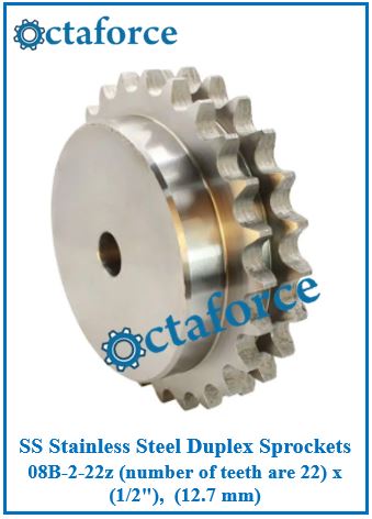 SS Stainless Steel Duplex Sprockets 08B-2-22z (number of teeth are 22) x (1/2"), (12.7 mm)