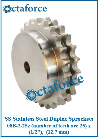 SS Stainless Steel Duplex Sprockets 08B-2-25z (number of teeth are 25) x (1/2"), (12.7 mm)