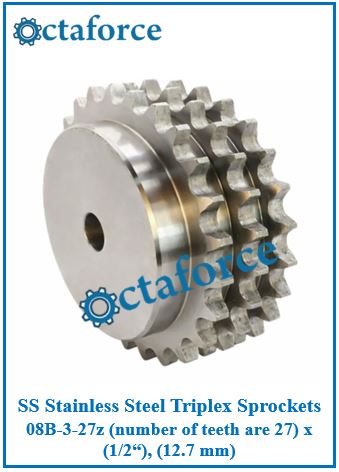 SS Stainless Steel Triplex Sprockets 08B-3-27z (number of teeth are 27) x (1/2“), (12.7 mm)