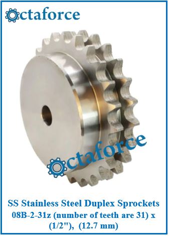 SS Stainless Steel Duplex Sprockets 08B-2-31z (number of teeth are 31) x (1/2"), (12.7 mm)
