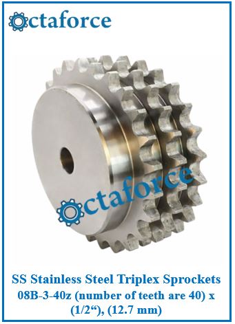 SS Stainless Steel Triplex Sprockets 08B-3-40z (number of teeth are 40) x (1/2“), (12.7 mm)