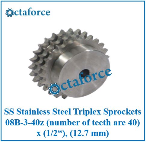 SS Stainless Steel Triplex Sprockets 08B-3-40z (number of teeth are 40) x (1/2“), (12.7 mm)