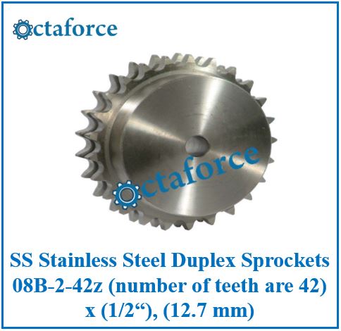SS Stainless Steel Duplex Sprockets 08B-2-42z (number of teeth are 42) x (1/2“), (12.7 mm)