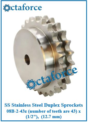 SS Stainless Steel Duplex Sprockets 08B-2-43z (number of teeth are 43) x (1/2"), (12.7 mm)