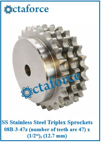 SS Stainless Steel Triplex Sprockets 08B-3-47z (number of teeth are 47) x (1/2“), (12.7 mm)