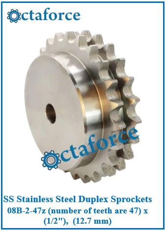 SS Stainless Steel Duplex Sprockets 08B-2-47z (number of teeth are 47) x (1/2"), (12.7 mm)