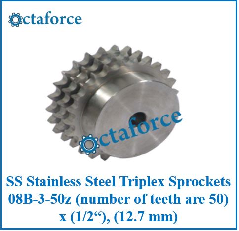 SS Stainless Steel Triplex Sprockets 08B-3-50z (number of teeth are 50) x (1/2“), (12.7 mm)