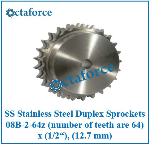 SS Stainless Steel Duplex Sprockets 08B-2-64z (number of teeth are 64) x (1/2“), (12.7 mm)