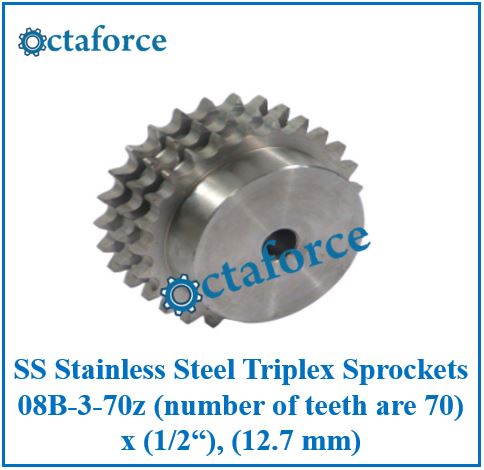 SS Stainless Steel Triplex Sprockets 08B-3-70z (number of teeth are 70) x (1/2“), (12.7 mm)