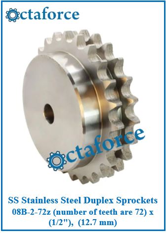 SS Stainless Steel Duplex Sprockets 08B-2-72z (number of teeth are 72) x (1/2"), (12.7 mm)
