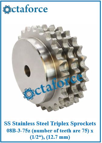 SS Stainless Steel Triplex Sprockets 08B-3-75z (number of teeth are 75) x (1/2“), (12.7 mm)