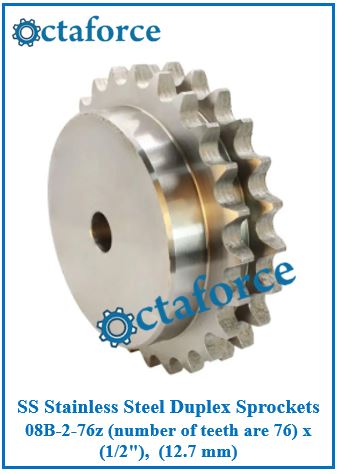 SS Stainless Steel Duplex Sprockets 08B-2-76z (number of teeth are 76) x (1/2"), (12.7 mm)