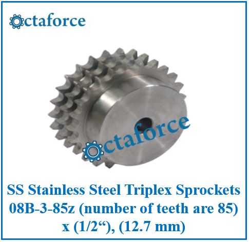 SS Stainless Steel Triplex Sprockets 08B-3-85z (number of teeth are 85) x (1/2“), (12.7 mm)