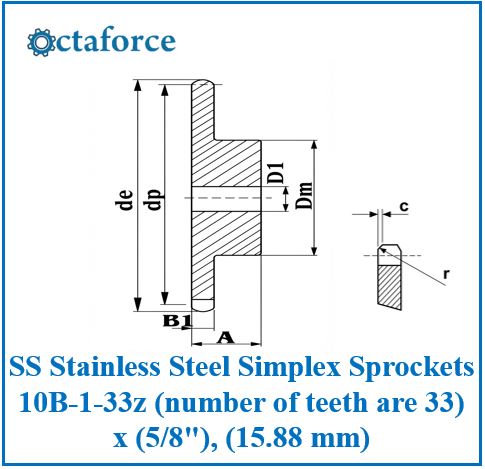 SS Stainless Steel Simplex Sprockets 10B-1-33z (number of teeth are 33) x (5/8"), (15.88 mm)